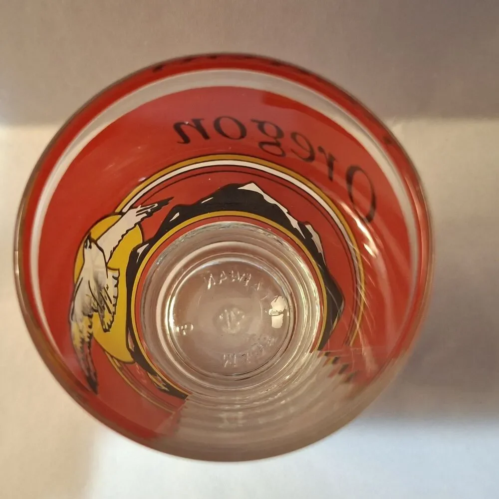 Vintage Shot Glass Souvenir of Oregon Red w Black Mountains & White Bird